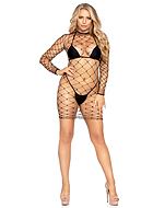 Sexy Minikleid, lange Ärmel, Netz mit großen Schlaufen